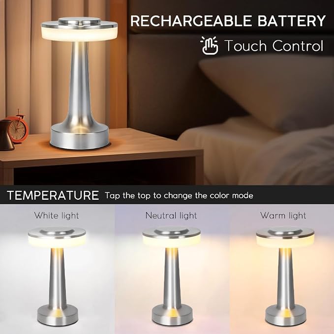 JHPGEOE Cordless Metal Desk Lamp, Touch Sensor Control LED Table Lamp,3 Color Stepless Dimmable Battery Powered Lamp for Living Room, Dorm, Home Office (Silver)