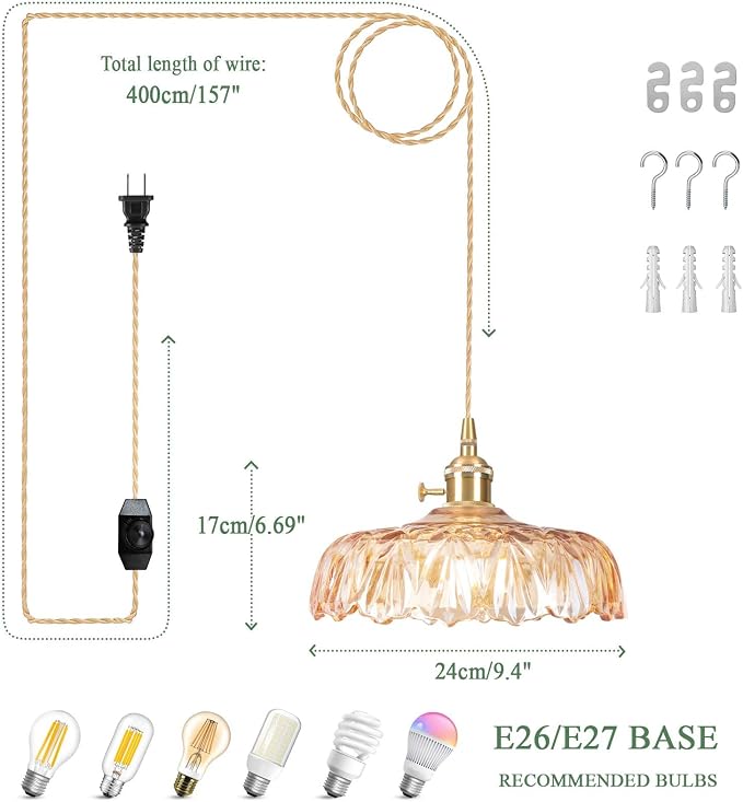 Plug in Pendant Light Fixtures,Amber Glass Lampshade Pendant Lighting 9.4in E26 Hanging Light FixtureCorded On/Off Switch for Kitchen Island, Bedroom, Dining Room