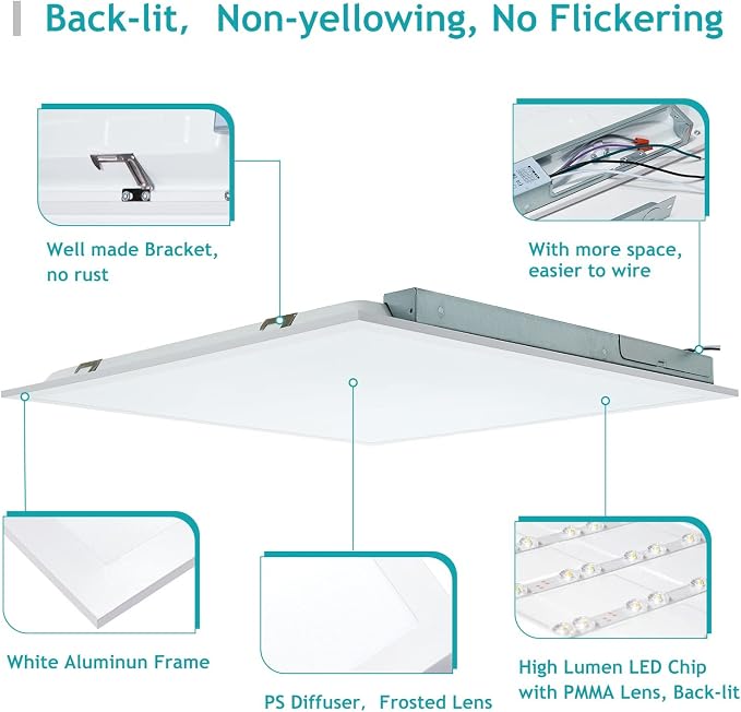 8 Pack 2x2 LED Flat Panel Light - 2x2 LED Flat Panel Light 5000K 4000K 3000K Selectable & 0-10v Dimmable, 20W 30W 40W 2x2 LED Drop Ceiling Light Troffer Lay in, 100-277Vac, ETL Listed