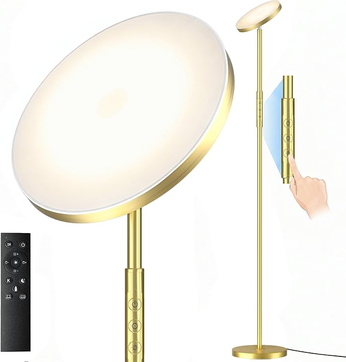 Floor Lamp, Upgraded 40W 4000LM Super Bright Torchiere LED Floor Lamps for Living Room, Stepless Dimmable Color Temperature 2700K-6500K with Remote & Touch Control, Standing Light (40W Brushed Gold)