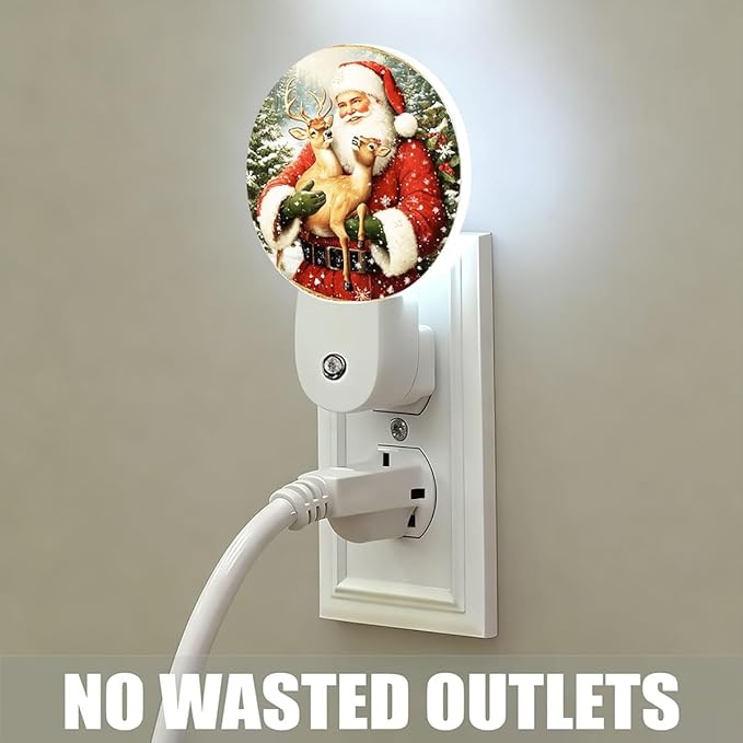 Plug-in Festive Christmas Scene Night Light Santa Claus with Deer Nightlight with Dusk to Dawn Sensor, Auto On/Off 0.5W Energy-Saving LED Lighting for Men Women Boys Girls Gift