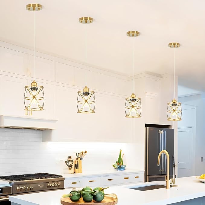 Gold Pendant Lights Kitchen Island Set of 2 , Adjustable Hanging Lights with Clear Glass, Industrial Ceiling Pendant Light for Hallway, Decor, E26 Base - 5.51''Shade,59.06'' Cord(Bulbs Not Included)