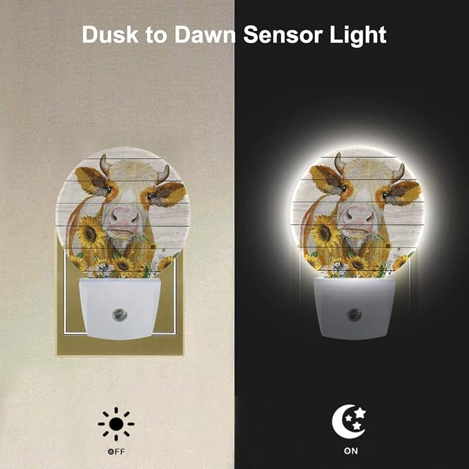 EKOBLA Rustic Farmhouse Night Light, Cattle Yellow Sunflower Night Lights Plug Into Wall with Dusk to Dawn Light Sensors, Warm Nightlights for Bedroom, Hallway, Kitchen