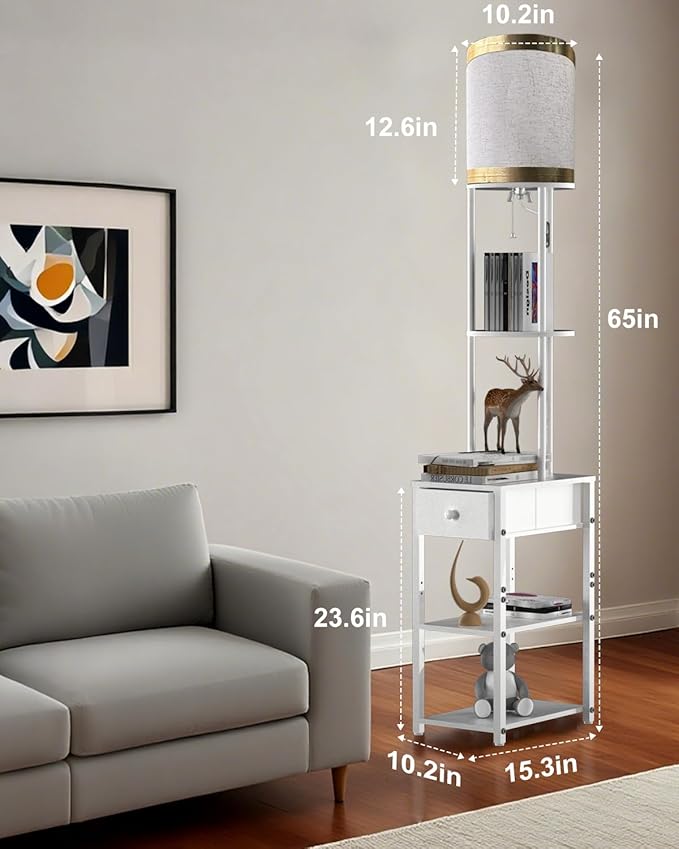 Lightdot 65IN Floor Lamps with Storage Table&Drawer, Corner Shelf Lamps with White End Table and Fabric Shade, Modern Standing Tall Lamp for Living Room/Bedroom/Sofa Beside/Corner Decor(Bulb Included)