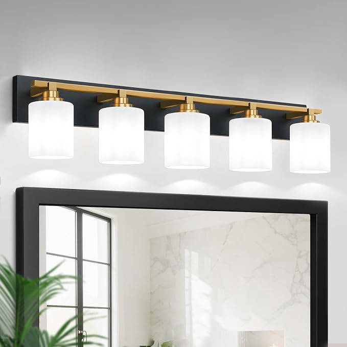Black and Gold Bathroom Light Fixture, Modern 5 Light Vanity Lights for Bathroom Lighting Fixtures Over Mirror, White Glass Lampshade, Master & Guest bathrooms Bathroom Remodel, 35.4-inch