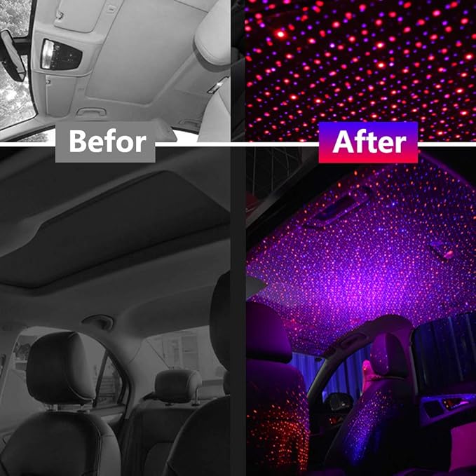 USB Night Light Star Projector, LEDCARE 2 in 1 Interior Car Roof Lights, Adjustable Romantic Portable USB Ceiling Star Projector Decorations for Car, Ceiling, Bedroom, Red/Violet Blue