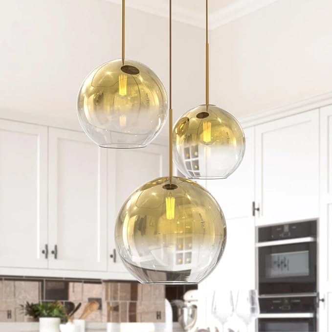 Modern Globe Pendant Lighting Gradient Gold Glass Pendant Light Fixtures Dining Room Adjustable Hanging Cluster Pendant Lamp Nordic 3-Light Heads Chandeliers Lighting for Kitchen Bedroom
