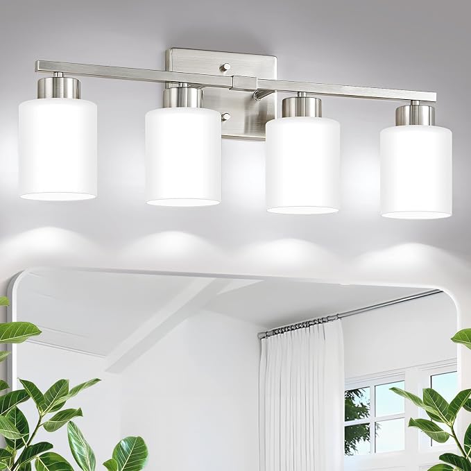 Brushed Nickel Bathroom Light Fixtures Vanity Lighting Over Mirror | 4-Light Modern Wall Sconces with Milky White Frosted Glass Shades for Restroom (E26 Socket)
