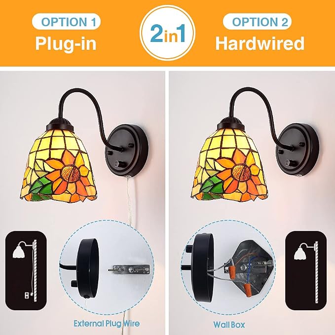 Tiffany Bedside Wall Mount Lamp with Dimmable Switch, Industrial Vintage Gooseneck Wall Sconce with Plug in Cord, Flowers Stained Glass Shade Wall Light Perfect for Bedroom, Living Room and Hotel