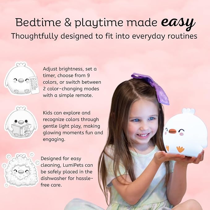 Chick Silicone Night Light for Kids, Squishy Lamp with Remote | Tap Control | Rechargeable 9-Color Changing Soft Glow | Nursery Nightlight for Kids | Portable Animal Nightlight | USB Cord