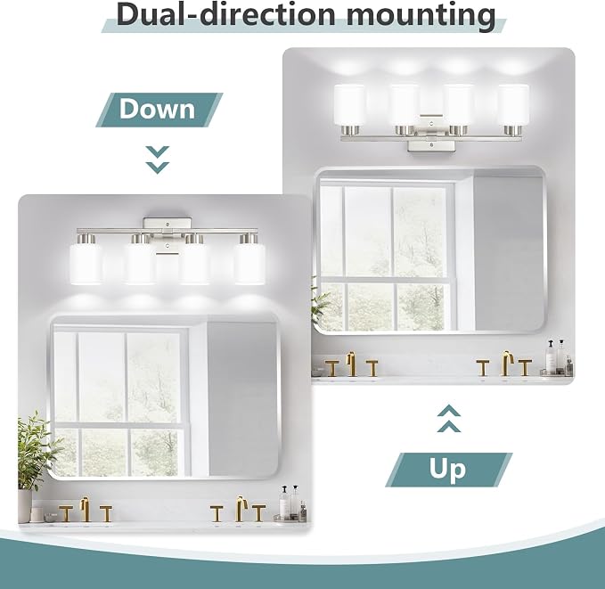 Brushed Nickel Bathroom Light Fixtures Vanity Lighting Over Mirror | 4-Light Modern Wall Sconces with Milky White Frosted Glass Shades for Restroom (E26 Socket)