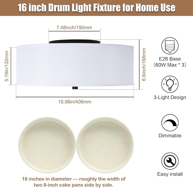 16" Semi Flush Mount Ceiling Light,E26 3-Light,White Drum,Modern | Close to Ceiling Light with White fabric shade,Great for Living Room,Dining Rooms,Bedroom,Kitchen, Bulbs NOT Included
