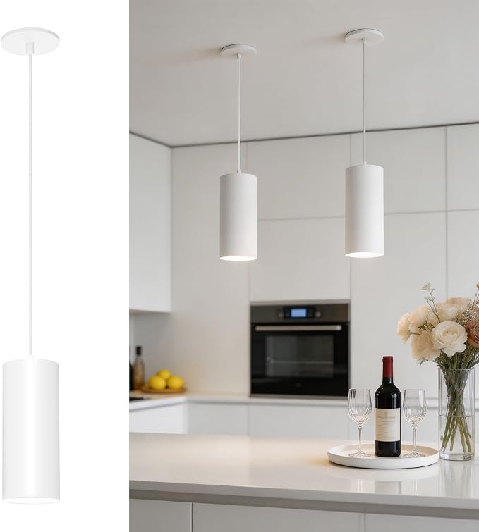 3.43" Pendant Lights Kitchen Island, 25W Cylinder Hanging Lights with Dipswitch, Modern Eye Care Led Pendant Lamp fixtures for Bedroom, Living Room, Office (White, 3.43 Inch 2 Pcs)