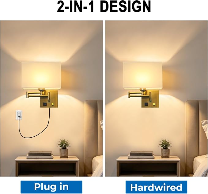 Plug in Swing Arm Wall Sconce, Wall Lights for Living Room | Wall Lamp with USB C+A Charging Ports, Adjustable Swing Arm 270°, Adjustable Color Temperature, Wall Mount Lamp for Bedroom