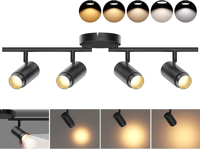 5-Color Zoomable 4 Light Track Lighting Fixtures Ceiling for Kitchen, Dimmable LED Track Lighting Kit, Ceiling Spotlight Flush Mount Adjustable Directional Spot Lights Indoor, CRI90 30W, Black