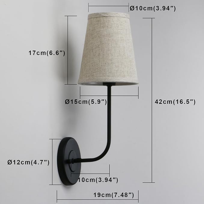 Classic Rustic Wall Sconce Light Fixture with Flared Funnel Linen Fabric Shade Nightstand Lamps for Living Room Bedrooms Bedside Reading (Black)