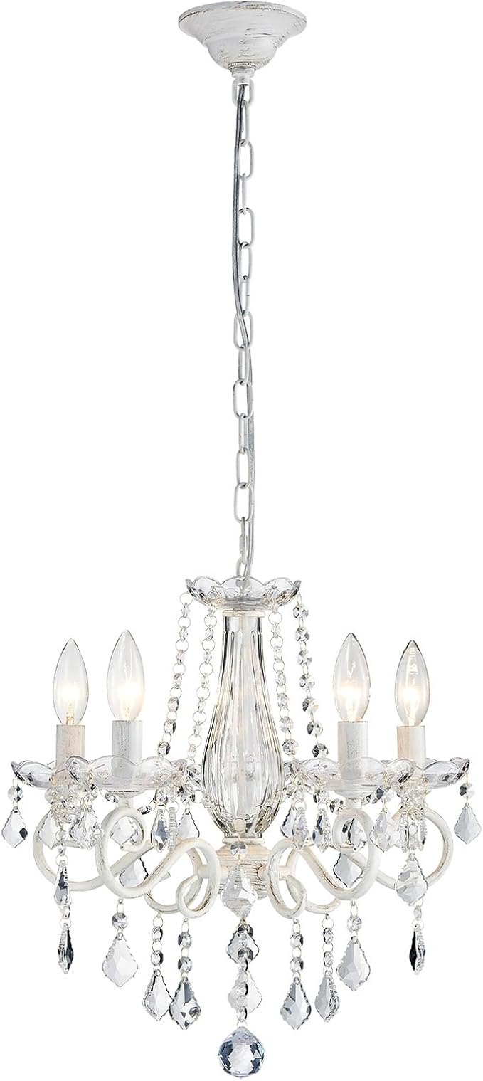 ANJIADENGSHI Small Crystal Chandelier, Modern White Chandelier Dining Room Light Fixture, Mini Crystal Pendant Light for Bedroom Ceiling Light Fixture for Living Room Entryway Kitchen Island Hallway