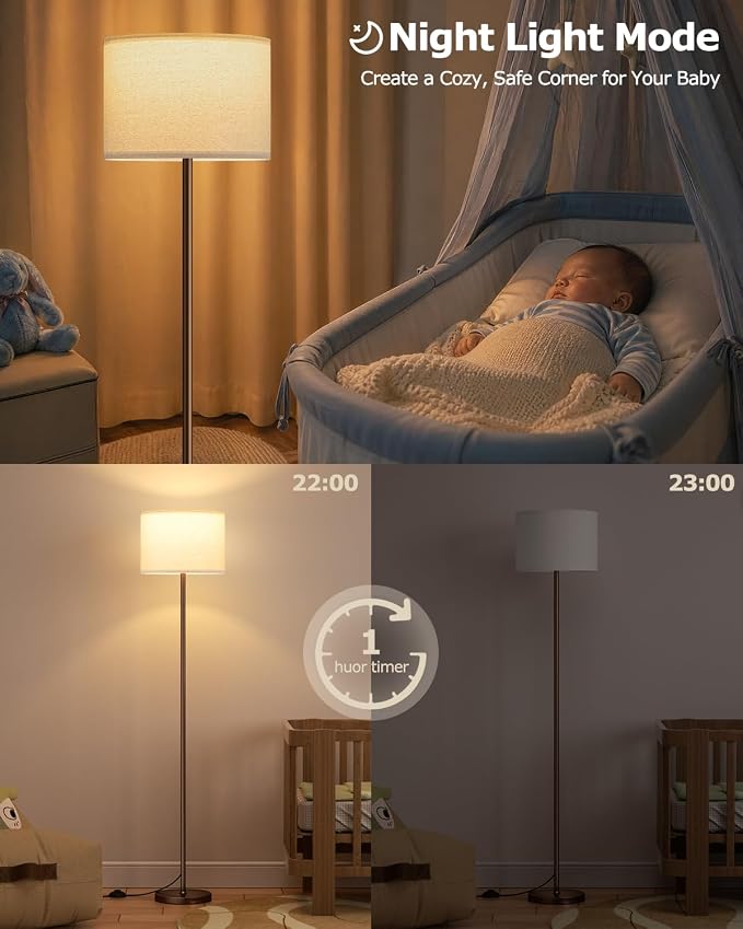 Dimmable Floor Lamp for Living Room with Remote, 9W 900LM LED Bulb Included, Deep Beige Shade Brown Pole