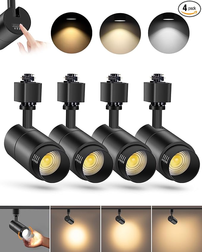 L Type Track Lighting Heads 10W, 3-Color Zoomable, 4 Pack, Black | Dimmable | 3000K 4000K 5000K Selectable | Beam Angle Adjustable LED Track Light Heads | 1000lm Bright