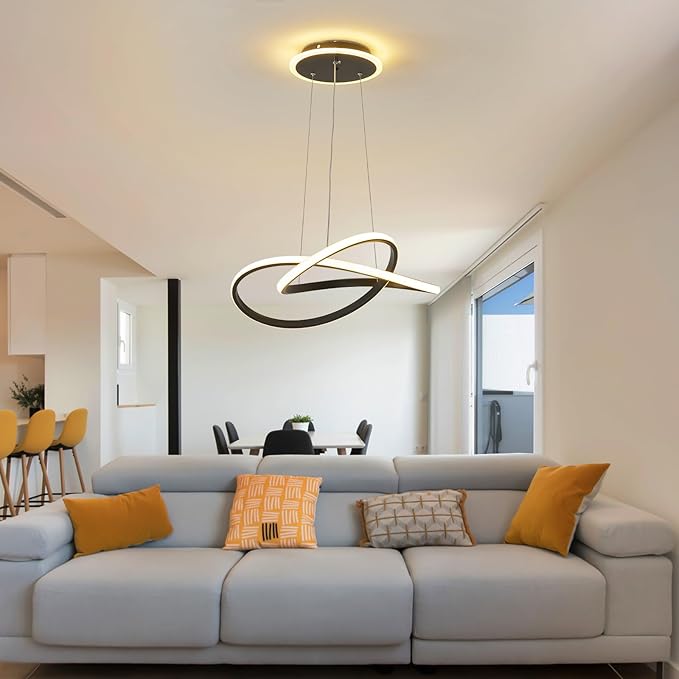 Modern LED Chandelier, 3-Color Dimmable with Remote Control, Adjustable Height Pendant Light Fixture with Base LED Light Strip, Modern Hanging Light for Dining Room Kitchen Island Living Room