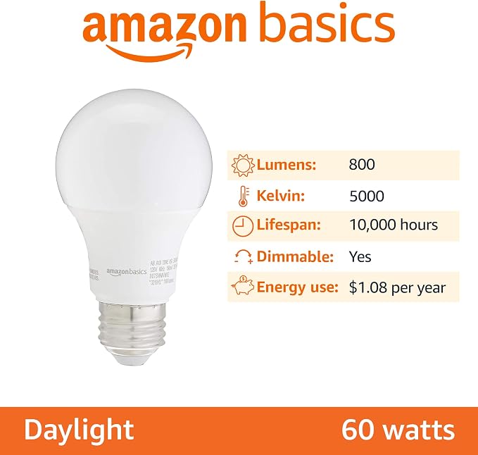 Amazon Basics A19 LED Light Bulbs, 60W Equivalent, 9W Energy Efficient, E26 Standard Base, Daylight White 5000K, Dimmable, 10,000 Hour Lifetime, 6-Pack