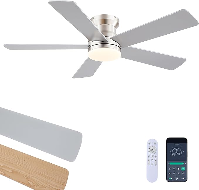 Flush Mount Low Profile Ceiling Fans with Lights - Modern Ceiling Fan with LED Dimming, Timer, 6Wind Speeds, Indoor Fan Light Fixture for Bedroom, Kitchen, Nickel