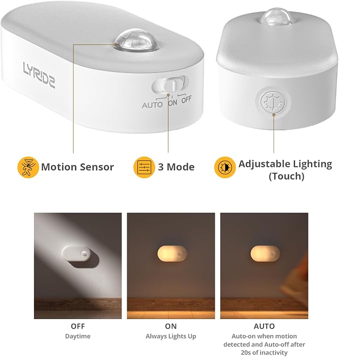 Rechargeable Battery Night Light with Motion Sensor, 4-Pack | Stepless Dimmable, Stick-on LED Nightlights for the Bedroom, Bathroom, Kitchen, Stairs, Hallway, Travel Friendly