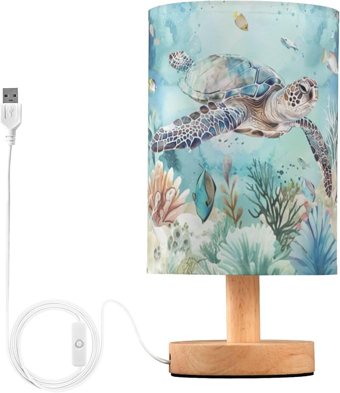 Undersea Turtle Marine Life Fish Coral Table Lamp for Bedroom USB Port Lamps Small Accent Table Lamp Nightstand Lamp Study Linen Shade with Wooden Base Lamps for Bedside Reading|Kids|Dorm|Home