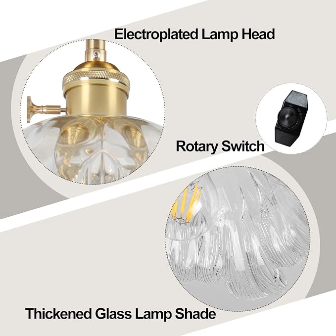 Plug in Pendant Light Fixtures,Hanging Light Fixture Flower Transparent Glass Pendant Light 11 inch E26 Pendant Lighting for Kitchen Island, Bedroom, Dining Room, Living Room