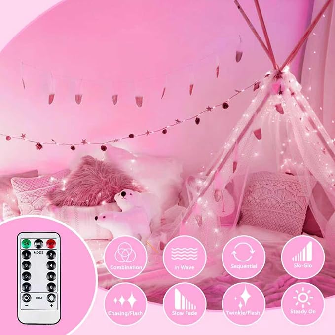 4 Pack Fairy Lights Battery Operated Twinkle Lights Remote Pink | Total 132FT 400LED String Light, Timer & 8 Modes, Memory, Dimmable, Waterproof Battery Lights Indoor Outdoor Valentine Decor
