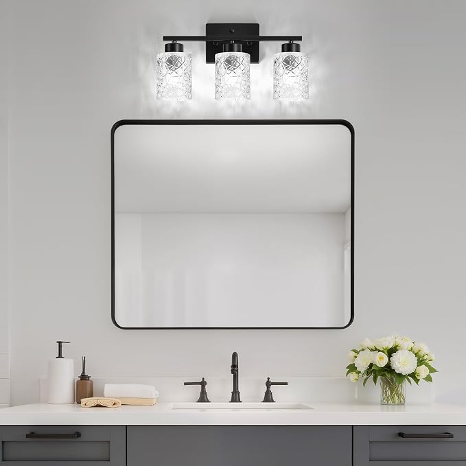 3-Light Bathroom Light Fixtures, Black Vanity Lights Over Mirror | Wall Sconces with Clear Textured Glass Shades for Living Room Bedroom Hallway,E26 Base (Bulbs Not Included)