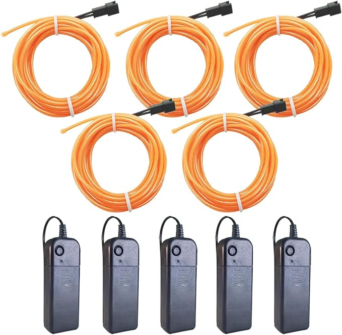 MaxLax EL Wire Yellow 5-Pack, 9ft/2.75m Neon Light Wire with Noise Reduction and Battery Pack…