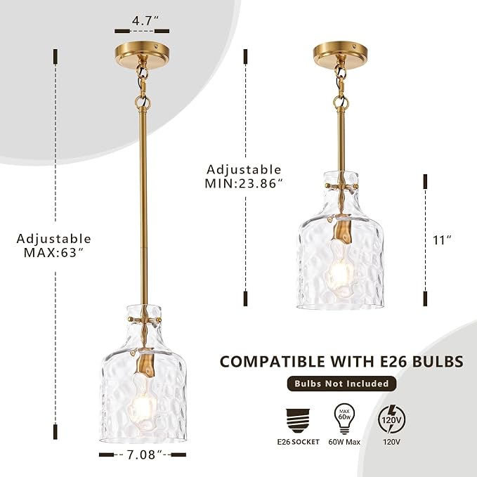 7 Inch Pendant Lights Kitchen Island with Clear Hammered Glass Shade Modern Pendant Light Fixtures Industrial Hanging Ceiling Lights for Kitchen Dining Room Bedroom Entryway, Gold, 1 Pack