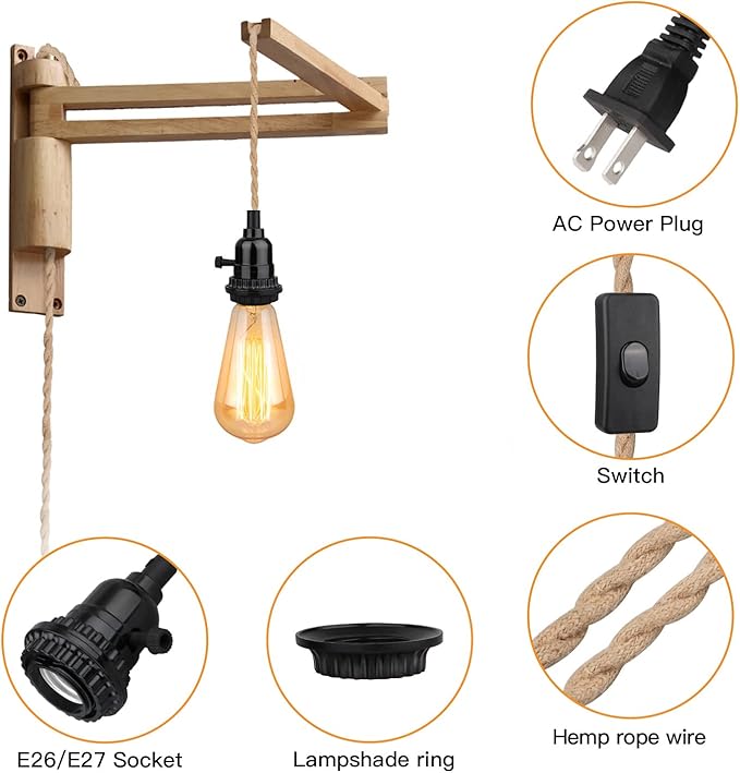 16.5FT Pendant Light Kit, Hanging Lights with Plug in Cord & Switch, Hemp Rope Swag E26 Socket Pendant Lamp, Extension Lantern Cable Vintage Farmhouse Industrial Retro DIY Decoration Fixtures