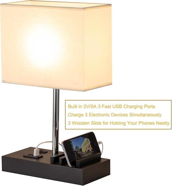 Briever Upgraded 3 USB Table Lamp with 2 USB A & C Charging Ports, Bedside Desk Lamp with 2 AC Outlets and Wooden Phone Stand Organizer, Nightstand Lamp for Bedroom, Living Room, Office, Natural Wood