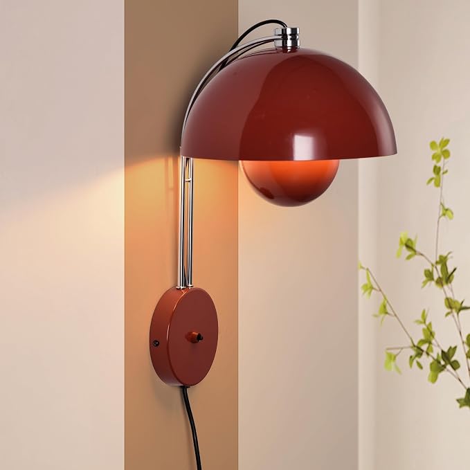 COSYLUX Mid-Century Modern Bud Plug in Wall Sconces, Rust Red | Indirect lighting reading wall lamp, all-metal construction, plug-in or hardwired install, fits bedroom bedside, living room