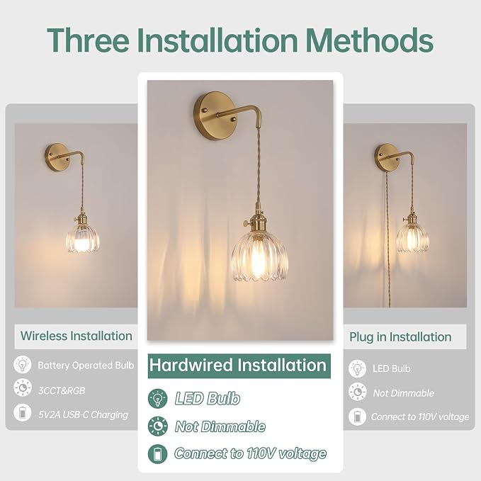 Shenmoyl Vintage Wall Sconce Wall Lamp Clear Tulip Shade Pattern Glass Adjustable Chain Retro Gold Wall Mounted Light, Wall Lamp Fixtures Decor for Bedside Bedroom Indoor Doorway