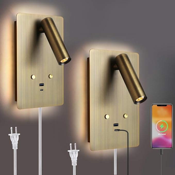 ZEROUNO Wall Mounted Reading Light Set of 2,Dimmable Adjustable Headboard Plug in Wall Sconce with USB A+C Ports,Touch Control Wall Light for Bedroom Bedside Lamps