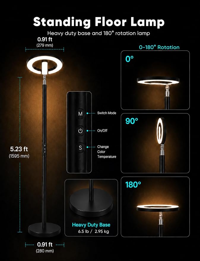 LED Floor Lamp RGBCW, 48W Torchiere Lamp 74 Inch, Ambient Lighting | Dual-Sided, Modern, Dimmable, Color Changing Corner Light for Living Room/Bedroom/Reading/Working, Alexa Compatible, Black