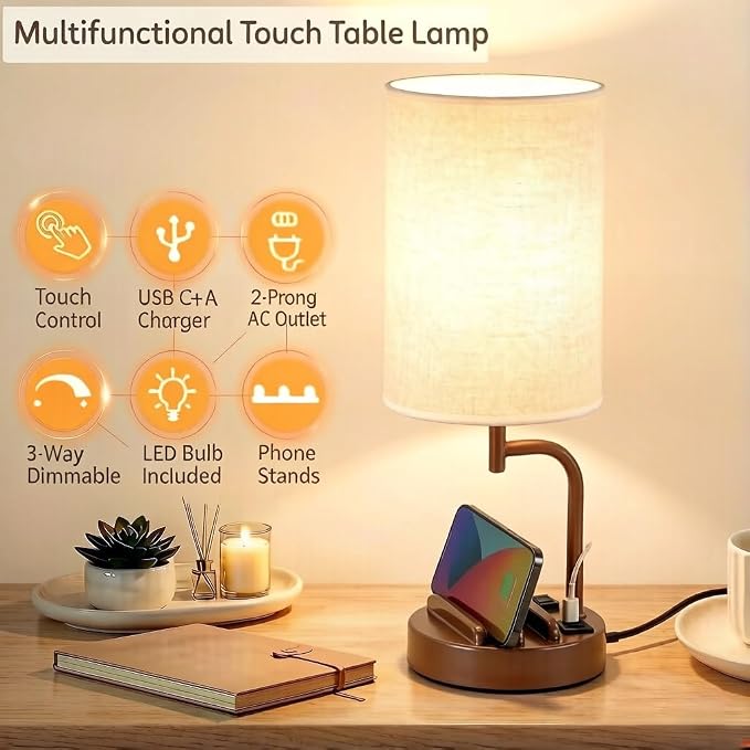 Dreamholder Touch Control USB Table Lamp with USB C/A & AC Outlet, 3-Way Dimmable Bedside Lamp, Modern Nightstand Lamps for Bedroom Living Room Guest Room Office, Bulb Included, Brown