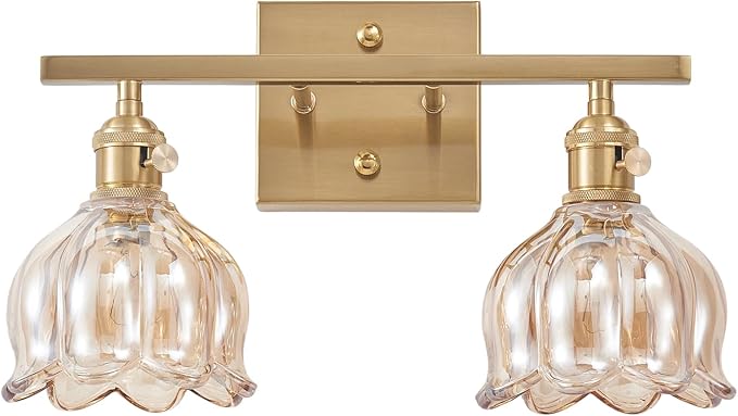 2-Light Amber Tulip Glass Vanity Light, Brushed Gold Vintage Bathroom Wall Sconce, 14.5" Antique Brass Wall Lamp for Mirror, Powder Room, Bedroom (Individual Rotary Switches, Bulbs Not Included)
