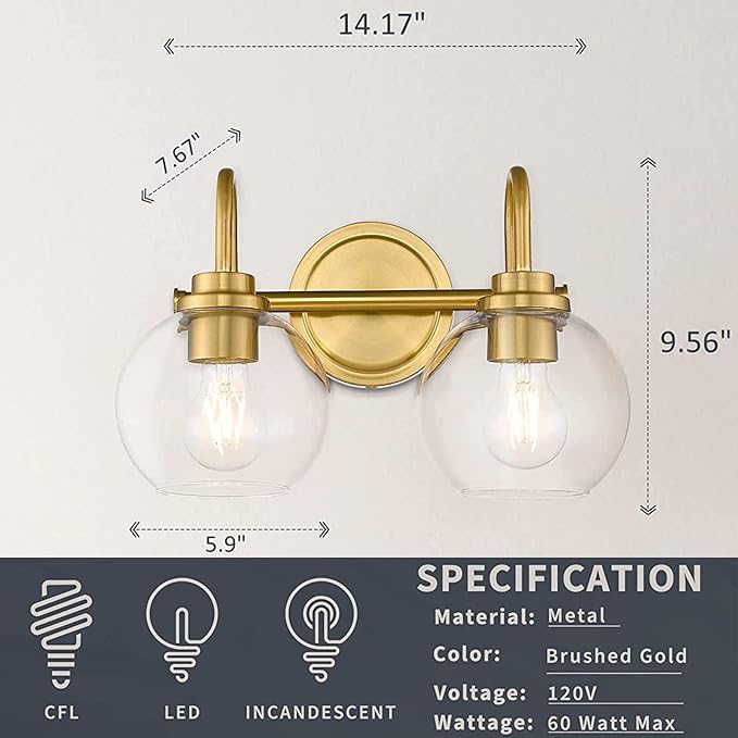 Gold Bathroom Light Fixtures 2 Light Vanity Lights Over Mirror with Clear Glass Lamps Shades Bathroom Wall Lamp for Mirror Kitchen Bedroom Hallway Living Room