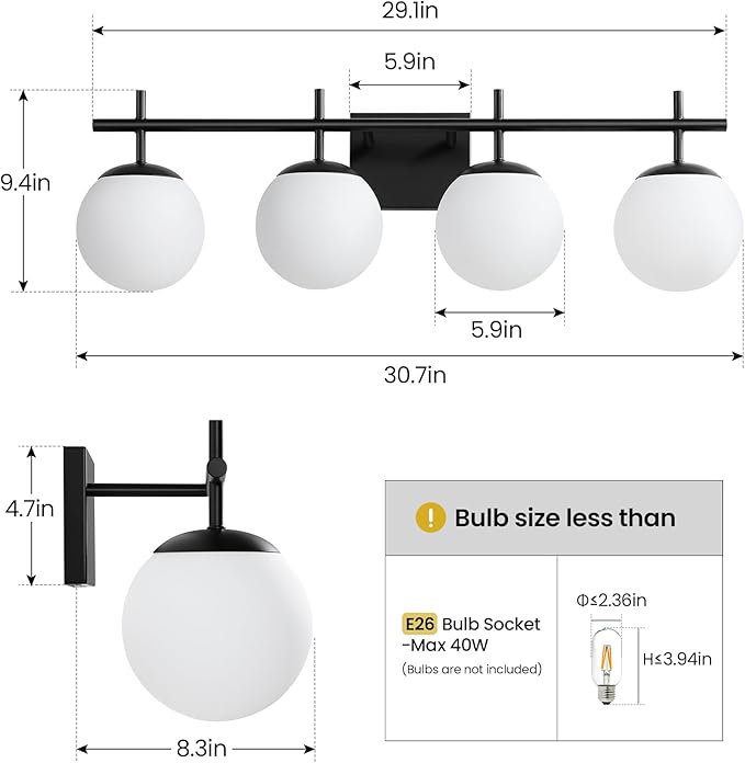 Bathroom Lighting Fixtures Over Mirror, 4-Light Matte Black Vanity Light, 30.7 Inch Modern Bathroom Light Fixtures with Milky White Glass Globe Shade Bath Vanity Lighting Fixtures Wall Sconce