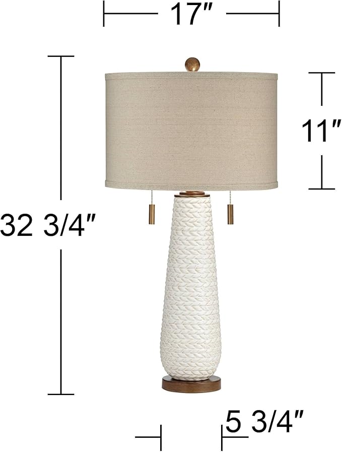 Possini Euro Design Kingston Mid Century Modern 3-Way Table Lamp 32 3/4" Tall with USB Charging Port White Ceramic Taupe Drum Shade for Bedroom Living Room Nightstand Bedside Night Stand Office