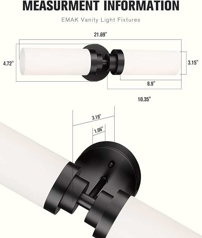 Emak 2 Light Black Vanity Lights for Bathroom, 22 Inch Bathroom Light Fixtures Modern Wall Sconces with Milk Glass Shade for Bathroom, Bedroom, Hallway, VL085-BK-ML-2