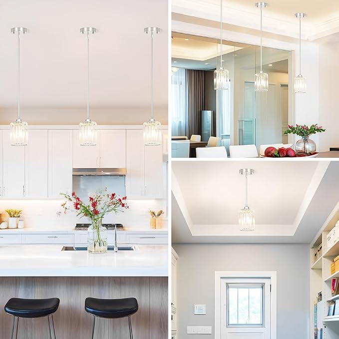Lxybcce Chrome Kitchen Pendant Lights Over Island with Adjustable Rods - Crystal Pendant Lighting Fixtures 3 Pack, Ideal Over Dining Table or Bar, E26 Bulb Compatible, No Electrician Needed