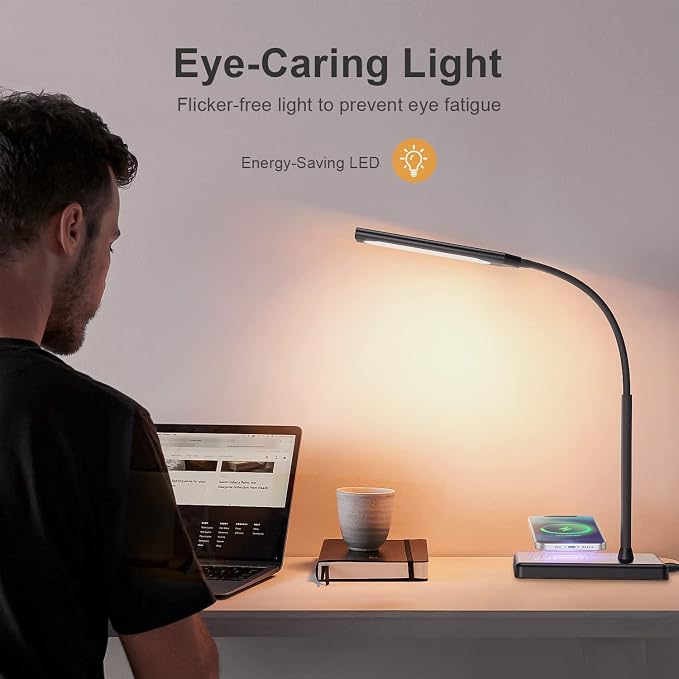 LED Desk Lamp for Office Home, Wireless Charger Desk Lamp | 12W Eye-Caring Desk Light, 600LM Reading Light for Desk, 5 Color Modes 6 Brightness Levels Lamp for Study, Workbench