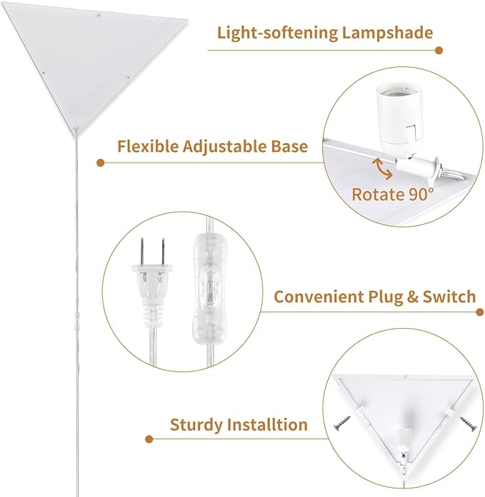 Corner Light with Switch, Triangle Corner Lamp, 2 Pack | White Acrylic Shade, Plug in Ceiling Light Safe for Kids & Pets, Ceiling Corner Lights for Living Room, Bedroom Dark Corner