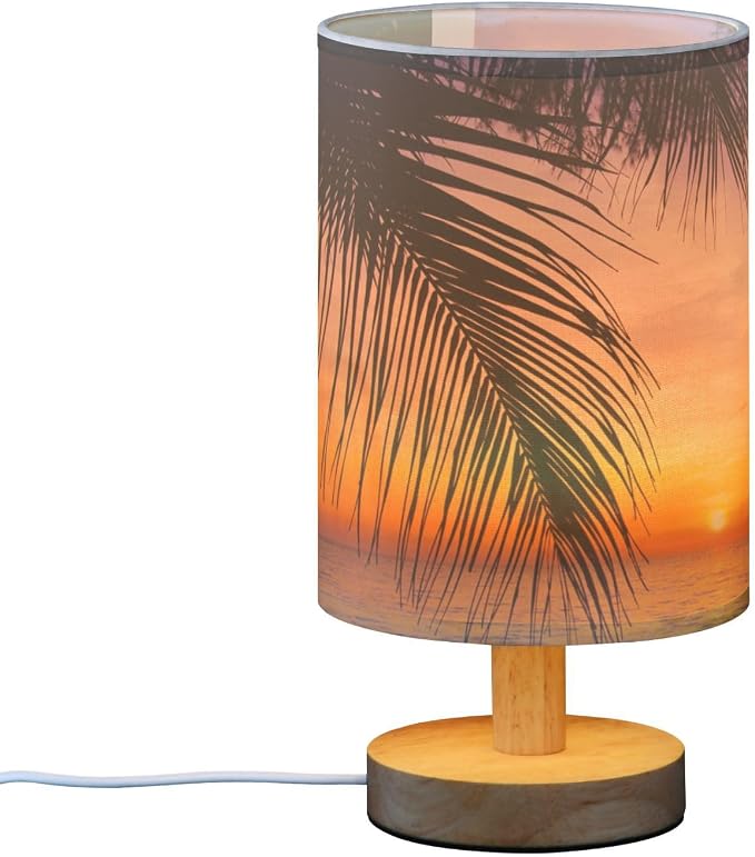 Table Lamp Sunset Ocean Palm Tree Tropical Summer Nightstand Lamp with Wood Base Fabric Lamp Shade Bedside Desk Lamp for Living Room Bedroom Kids Room Office
