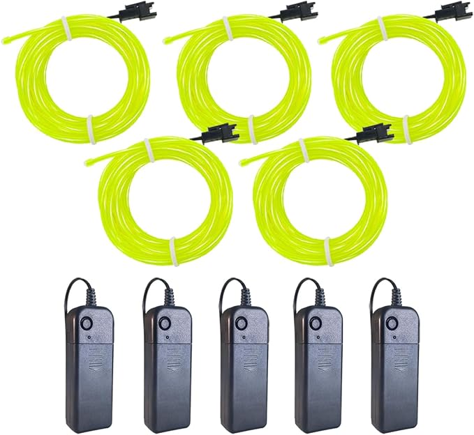 MaxLax EL Wire Fluorescent Green 5-Pack, 9ft/2.75m Neon Light Wire with Noise Reduction and Battery Pack…